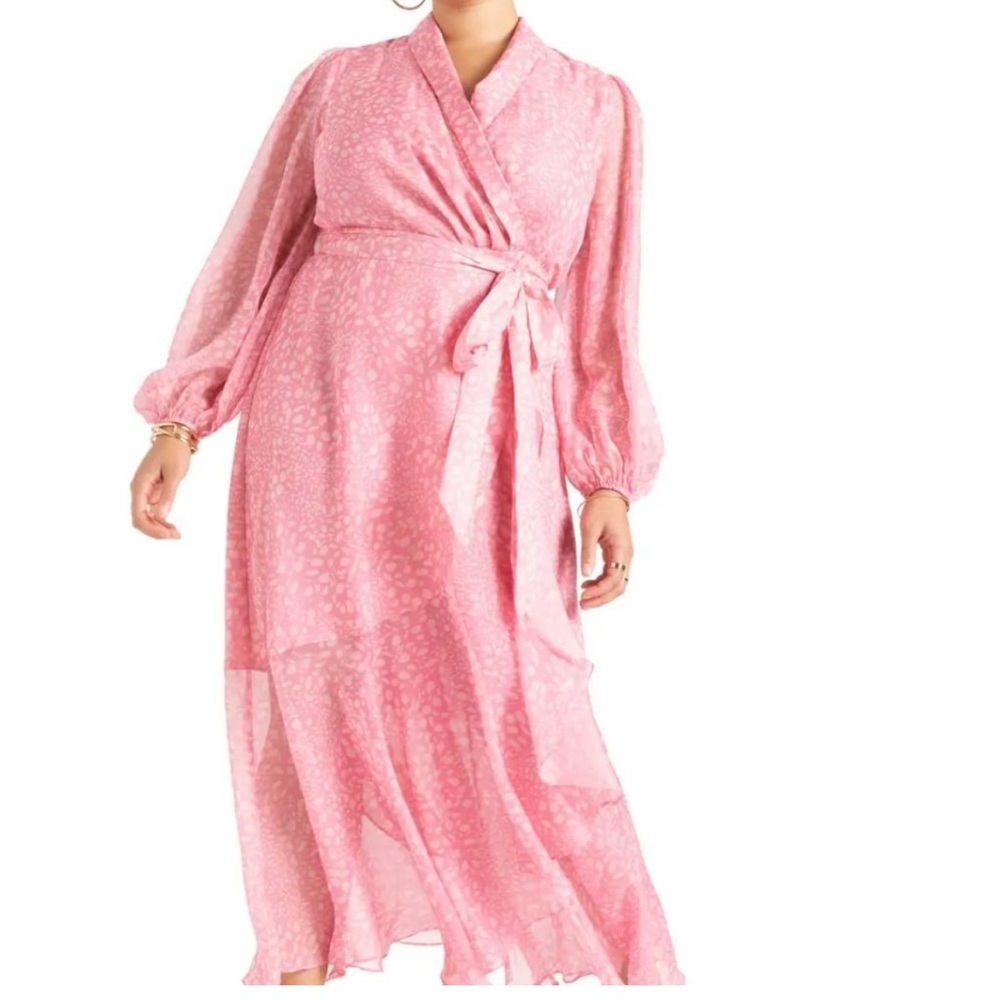 new ELOQUII pink printed maxi wrap dress chiffon sleeve 28